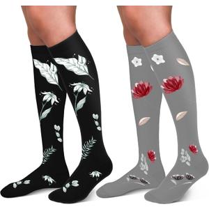 30-40mmHg Medical Graduated Compression Socks for Women&Men Circulation-Compression Stockings-Knee High Socks for Support,Hiking,Running (Large-X-Large, 7-2 Pack Flowers Black,grey)