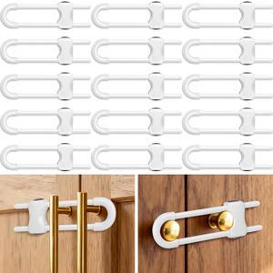 Modacraft 15 Pcs Sliding Cabinet Latches, U Shaped Cabinet Door Locks, Baby Cabinet Safety Latches for Baby Proofing, No Drilling Tool-Free Installation Easy to Use for Knobs or Handle Double Door (White)