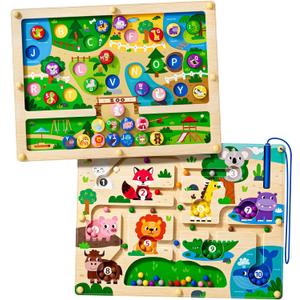 Magnetic Maze 2 in 1 Double Side Color and Number Maze Alphabet Puzzle Board for 3-5 Boys and Girls Kids Montessori Educational Toys (Zoo, One Size)