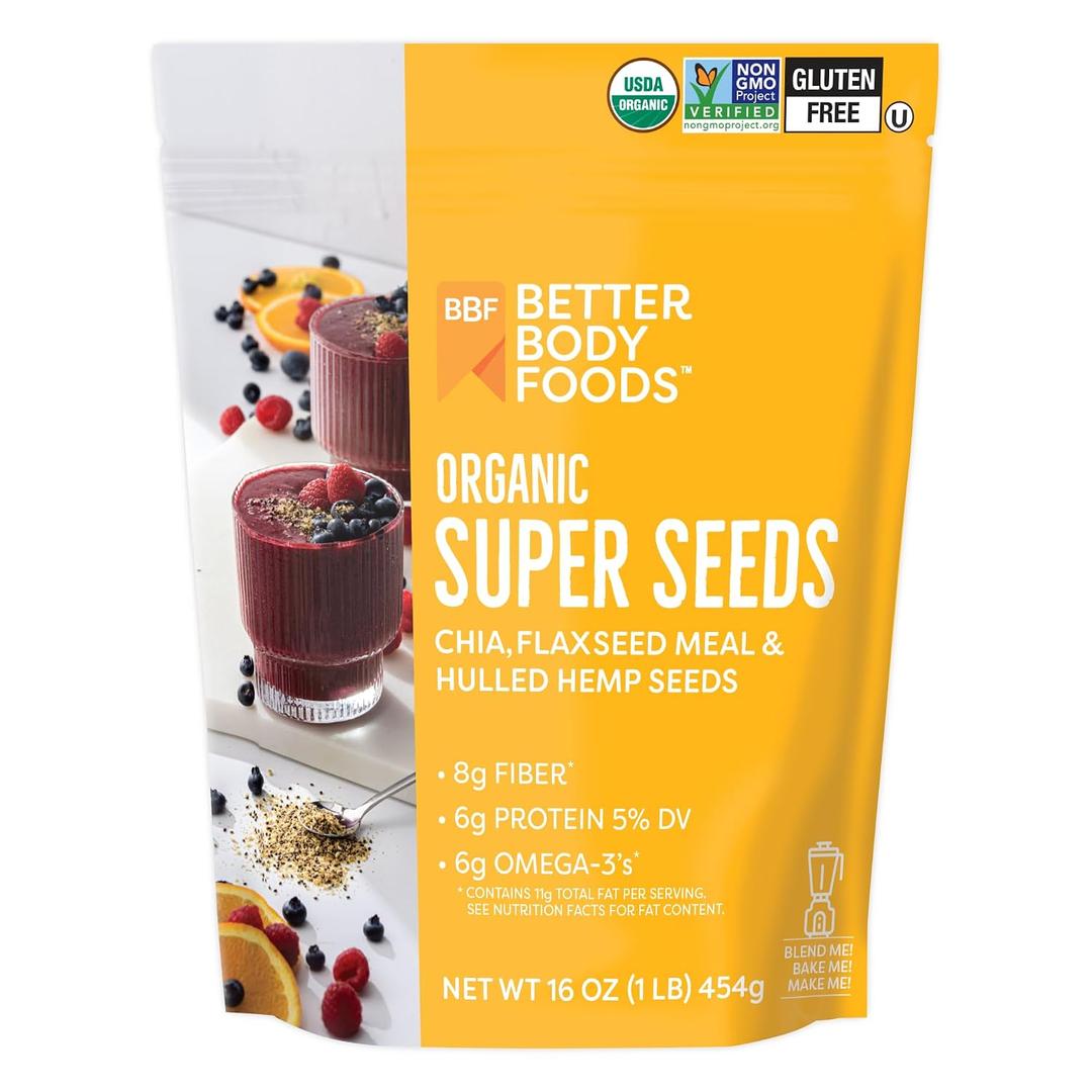 BBF Organic Super Seeds Blend 1 lb, Chia Seeds, Flax Seeds, Hemp Hearts (EXP 09/26/26)
