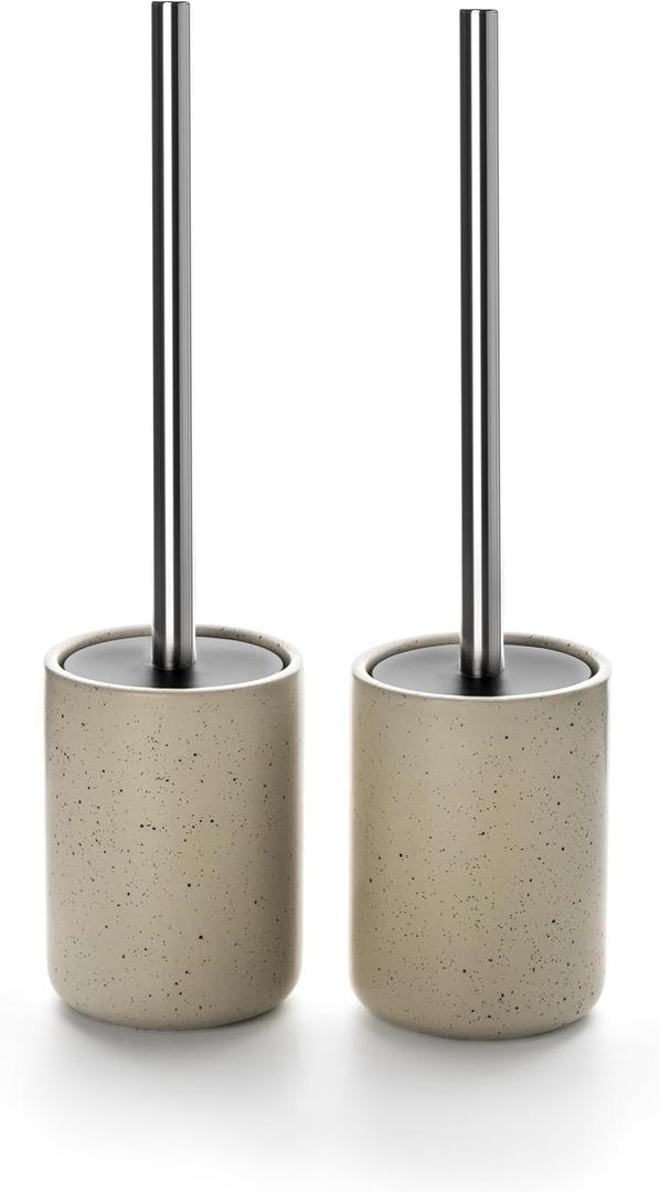 Ceramic Toilet Brush & Holder Set - Freestanding Deep-Cleaning Toilet Bowl Cleaner Brush, Stainless Steel Handle, Small & Sturdy for Storage, Easy to Clean, Non-Scratching (Sand)