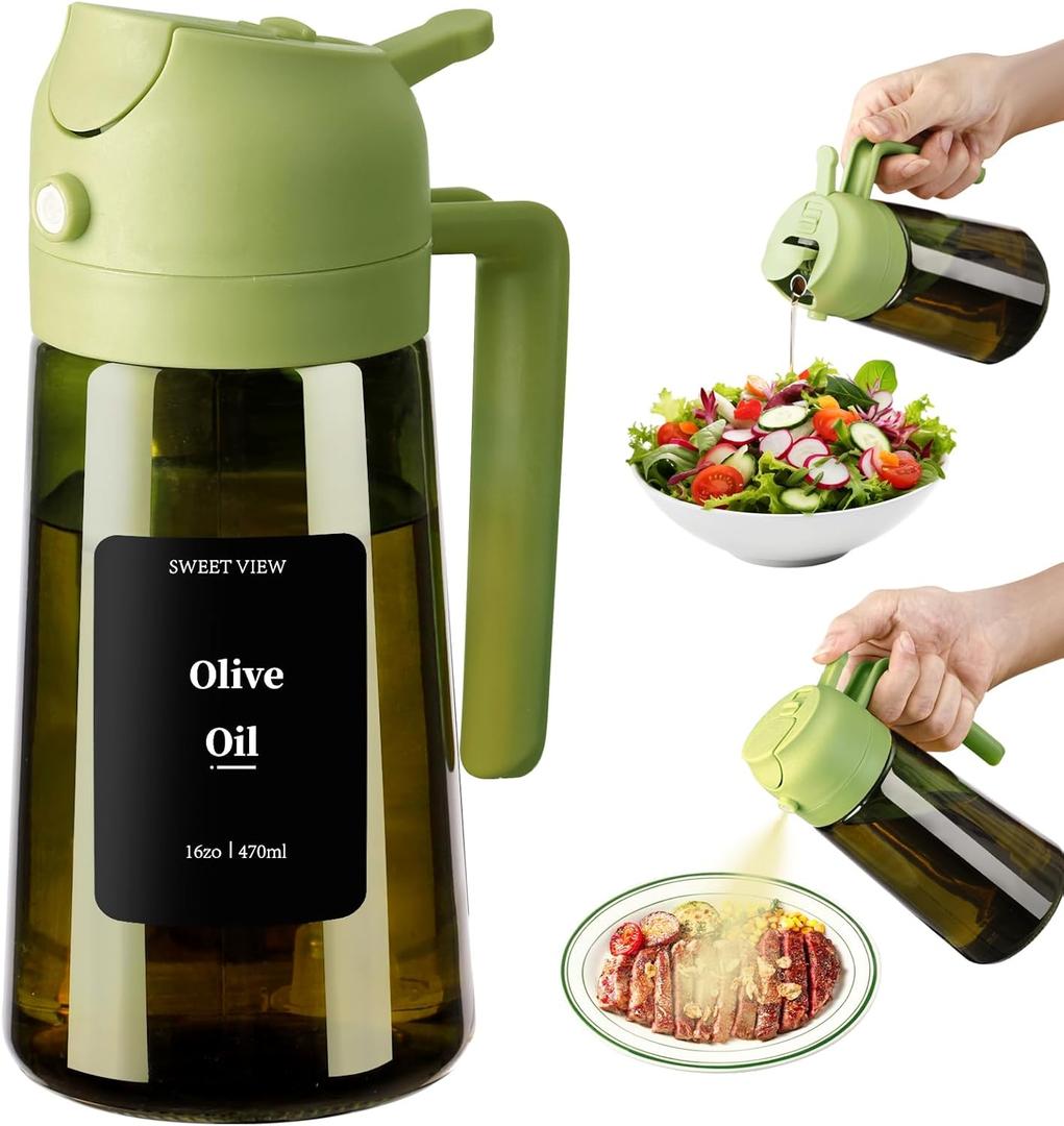SWEET VIEW Olive Oil Dispenser and Oil Sprayer 16oz/470ml Glass Light-Proof Oil Pourer for Kitchen, Air Fryer, Cooking, Salad, and BBQ, Green