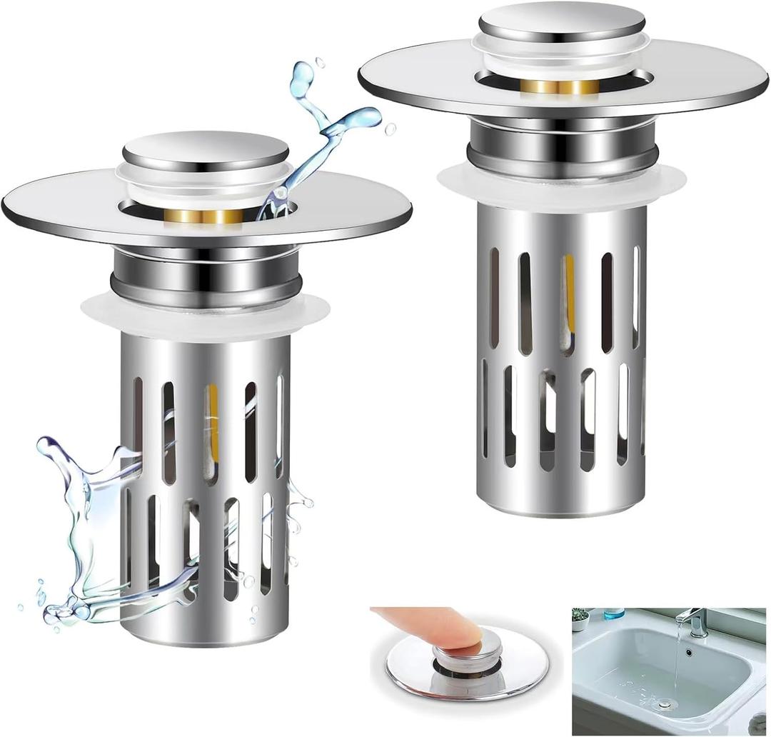 2 Pack Bathroom Sink Stopper for 1.06-1.50in, Universal Bathroom Sink Drain Pop Up Stopper with Hair Strainer, Universal Drain Filter for US Stainless Steel Floor Drain Filter (Silver)