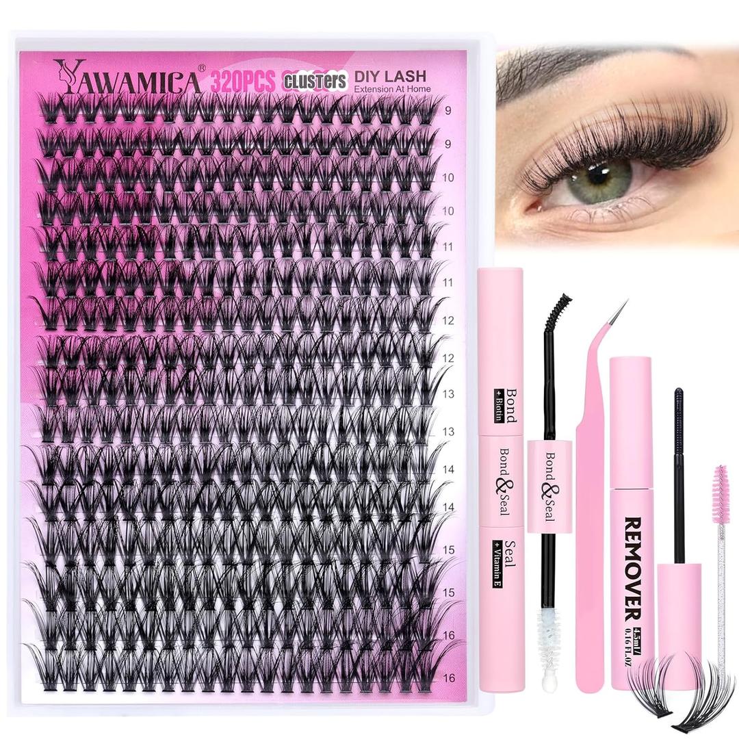 Yawamica Lash Clusters Kit 320pcs Eyelash Clusters D Curly 9-16mm 40D Individual Lashes Wispy Lash Extension Kit with Bond and Seal and Lash Remover and Lash Applicator for Eyelash Extension Beginners