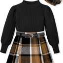 ADIFUN Clothes For Girls Skirt Pants Sets Long-Sleeved Round Neck Top Flannel Plaid Skirt Dress Beret Girls Outfit 3 Piece (7-8 Years, Black + Brown)