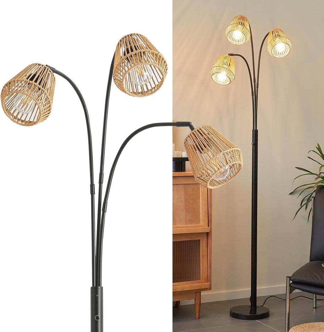 Rattan Floor Lamp for Living Room, 72 Inch Tall Boho Floor Lamp with Rotary Switch, 3 Light Arc lamp with Wicker Shade for Coastal,Bohemian,Rustic,Beach Tree,Farmhouse Standing Lamp (Black)