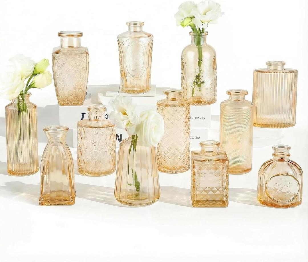 RUCKAE 12 Pack Glass Bud Vases Mini Flower Vase Small Vintage Vases for Centerpiece Table Wedding Decorations Home Decor Party (Gold)