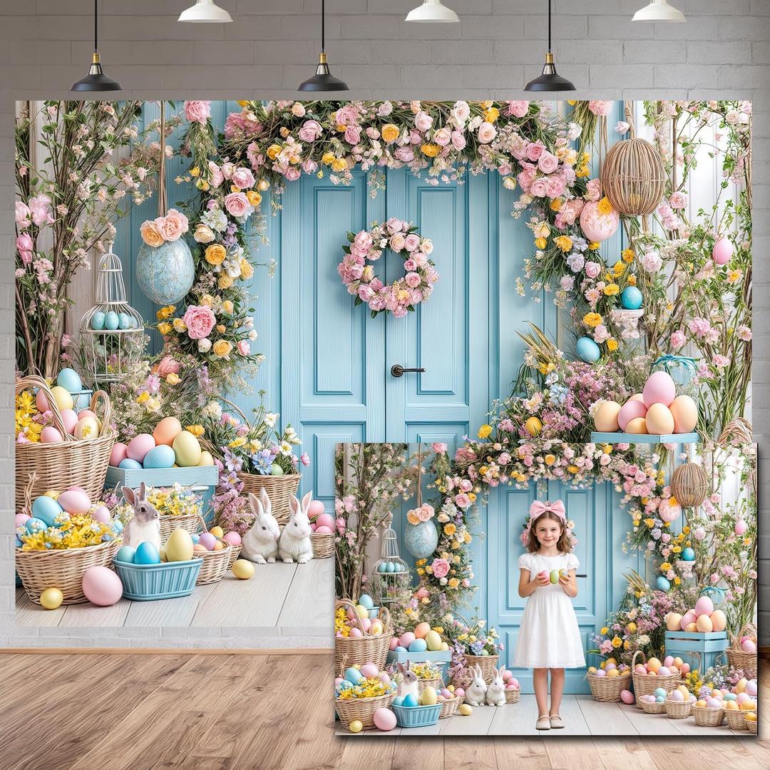 Easter Backdrop Spring Floral Photography Background, Pastel Eggs & Bunny Decor with Blue Door, Photo Booth Backdrop for Easter Party, Spring Photoshoot, Family Celebration & Home Decoration (7X5)
