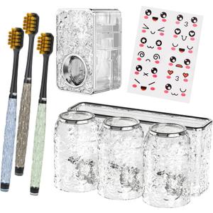 Toothbrush Holders Combo Set for Bathroom3 Cups Toothbrush Holder Wall Mounted with OrganizerGift 3 Count Ultra Fine Soft Bristle Crystal Tooth Brush and Wall Mounted Toothpaste Squeezer