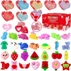 Budbof 28 Packs Valentines Day Gifts For Kids, Cute Mochi Squishy Toys and Valentines Cards with Hearts Box for School Boys Girls Exchange Gifts Classroom Prizes Valentine Party Favors