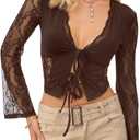 CSDAJIO Women's Sexy Lace Tie Open Front Sheer Mesh Long Sleeve Crop Top Going Out Shirt (Brown, XS)