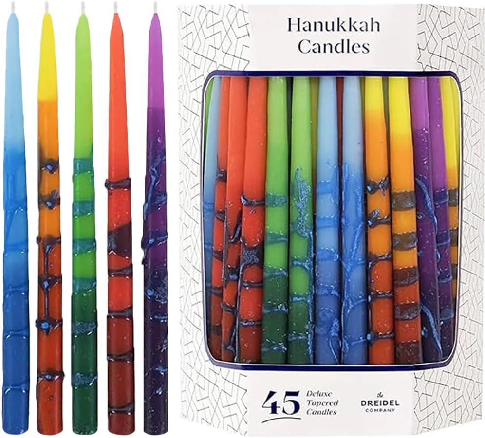 The Dreidel Company Dripless Hanukkah Candles, Multicolored Striped Deluxe Tapered Decorations, 1-Hour Burn Time 45 Menorah Candles for All 8 Nights of Chanukah