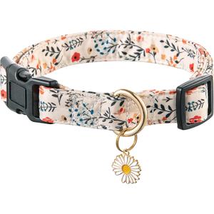 Cute Dog Collar Beige Flower Pattern for Boys and Girls Holiday Dog Collars Summer Fall Gift Adjustable for Medium to X-Large Breed Dogs (L)