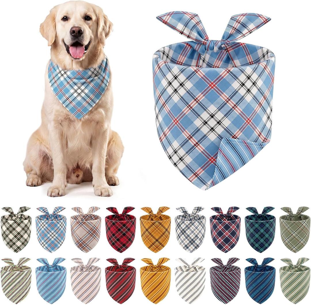 Weewooday 9 Pack Reversible Large Dog Bandanas Dual Sided Buffalo Plaid Striped Dog Triangle Bibs Washable Adjustable Pet Scarf Handkerchief Puppy Bandana for Small Medium Cats Boy Girl Daily Birthday