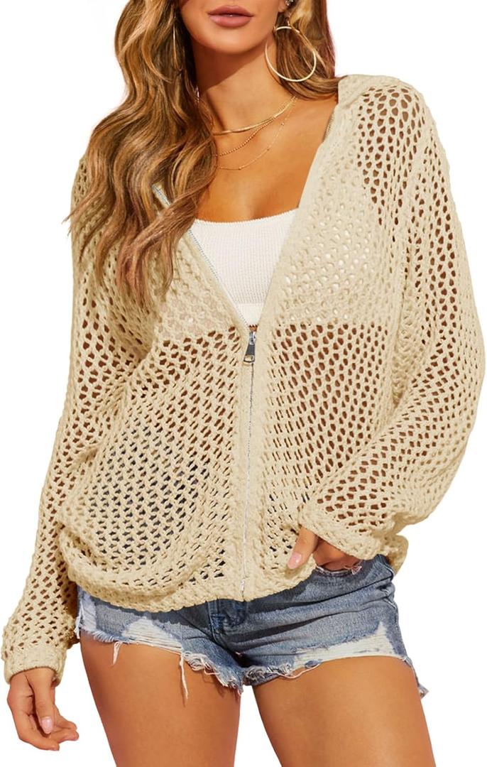 Saodimallsu Womens Crochet Lightweight Cardigans Zip Up Hooded Long Sleeve Knit Sweaters Mesh Beach Swim Cover Up (Beige, XL)