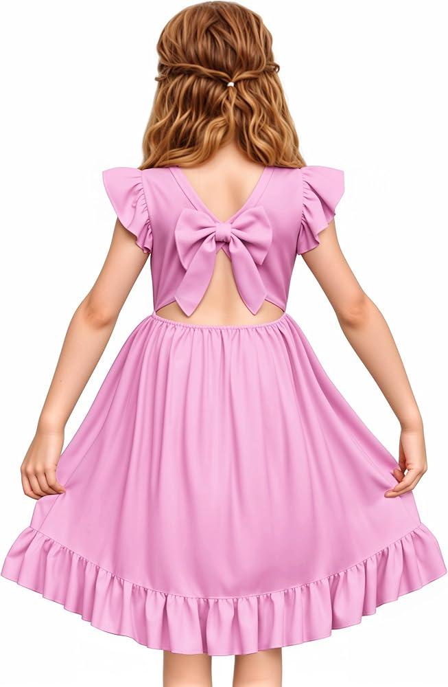 LQSZ Girls Summer Tie Back Dress Ruffle Sleeve A-Line for Beach Brithday Dance Party Size 110