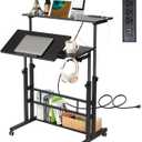 Hadulcet Stand Up Desk, Rolling Desk Adjustable Height, Mobile Standing Desk with Wheels & Charging Station, Portable Stand for Laptop, Rolling Computer Cart TV Tray, Small Standing Desk Drawing Table (Black)