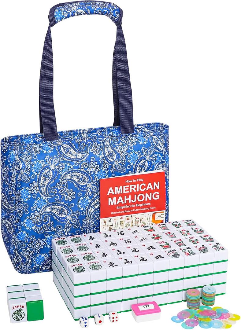 GUSTARIA American Mahjong Set, Mahjong Game Set with 166 Numbered 1.5" Large Tiles (Green), Blue Carrying Case
