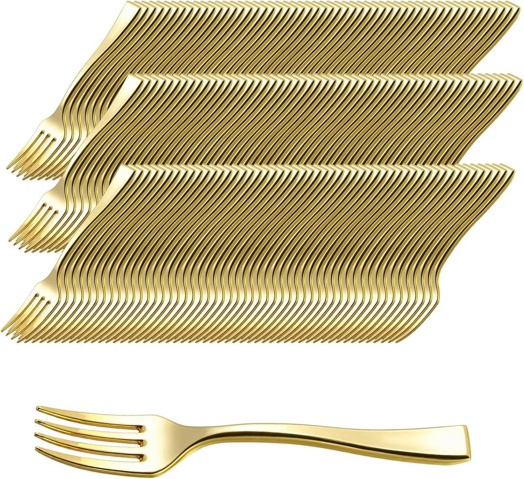 150 Pack Gold Mini Forks 4 Inch Plastic Disposable Forks Gold Dessert Forks Heavy Duty Plastic Tasting Forks for Appetizers, Tastings, Cocktails, Dessert Cups