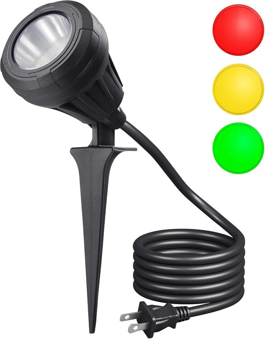 DEWENWILS 120V LED Outdoor Spotlight, 3 Extra Lenses (Red Green Yellow), 5.5W 5000K Plug in Spotlight, Waterproof Landscape Light for Yard, Tree Flag, Holiday, 5FT Extension Cord, UL Listed (Black)