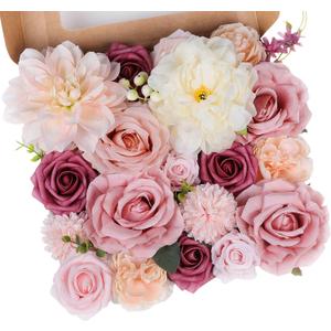 AGIRL Rose Artificial Flowers Combo Fake Flowers Pink Roses Silk Flowers with Stems for DIY Bridal Wedding Bouquets Centerpieces Arrangements Table Party Baby Shower Home Decor (Champagne Pink)