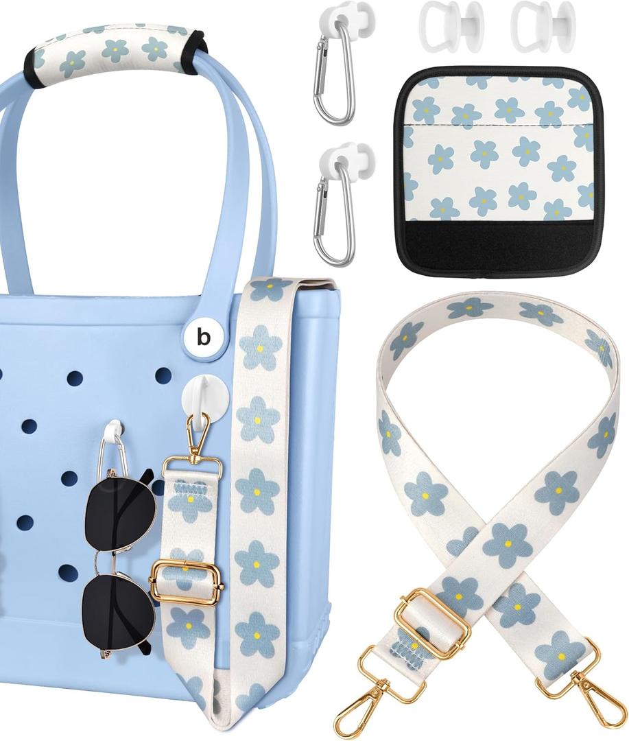 Bag Strap Charms Crossbody for Bogg Bag Accessories - Shoulder Strap Neoprene Luggage Handle Wrap for Suitcase & 2 Key Holders Blue Flower