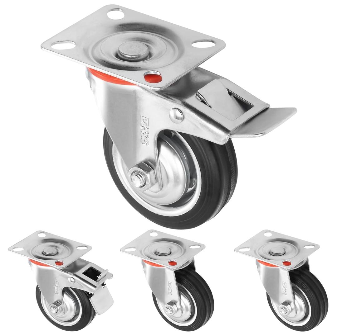 H&S Heavy Duty 75mm Caster Wheels for Trolley & Furniture  4 Casters with Brakes, Double Ball Bearing Swivel Heads, Black