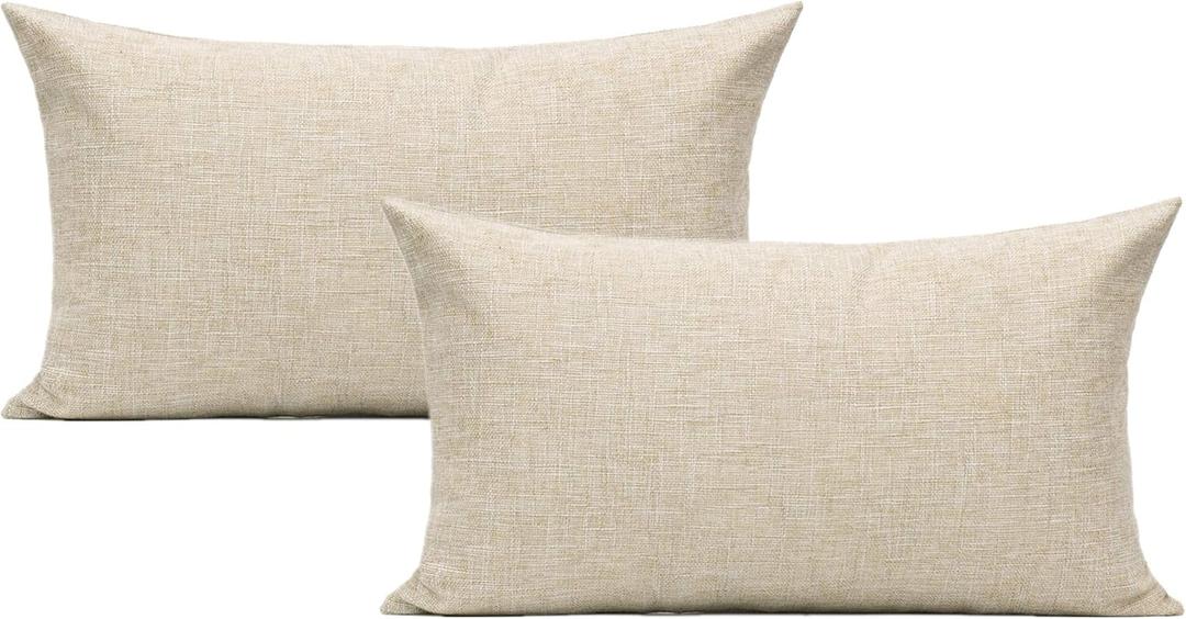 Lumbar Throw Pillow Covers 12x20 Set of 2 Linen Beige Rectangle Pillow Cases Burlap Oblong Cushion Farmhouse Neutral Khaki Home Décor Indoor Outdoor for Bed Sofa Couch Patio Bedroom