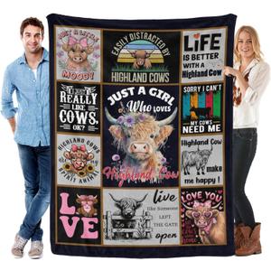 Highland Cow Print Blanket and Throws, Cute Farm Animal Cow Gifts for Highland Cow Lovers, Soft Fuzzy Flannel Blankets for Women Men for Home Couch Sofa Travel 50"X60"