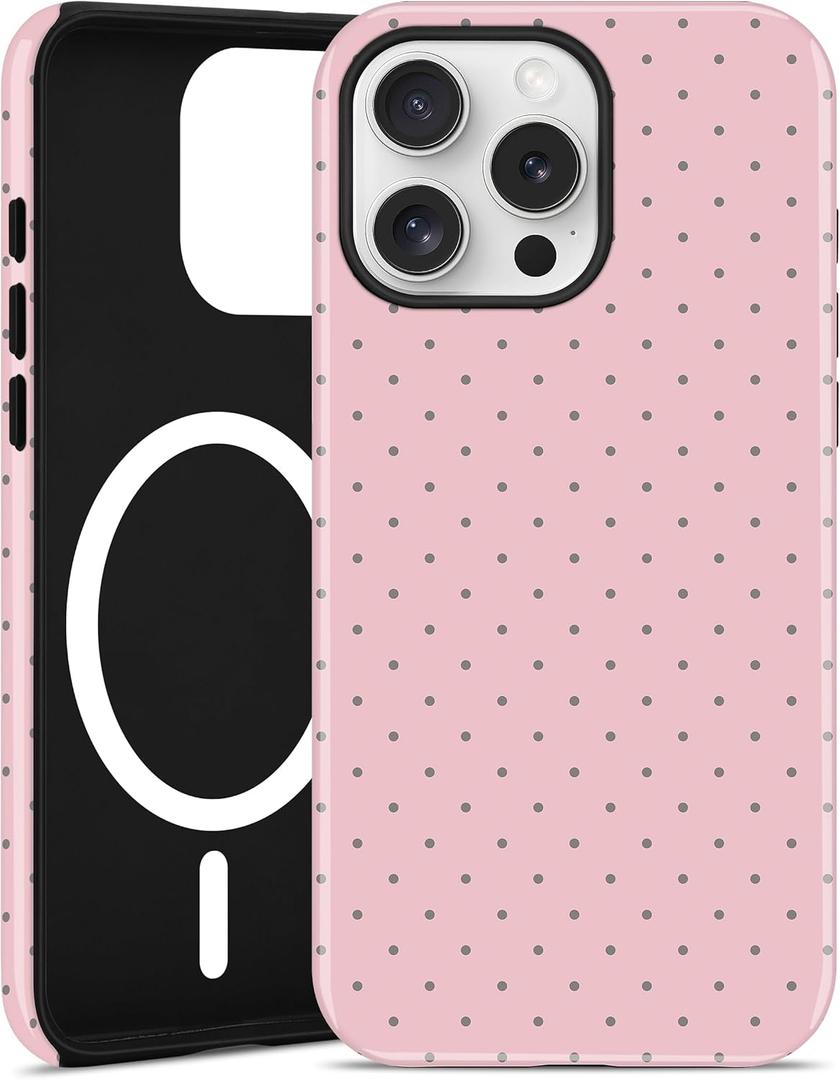 Magnetic Polka Dot Phone Case for iPhone 16 Pro, Compatible with MagSafe, Cute Pink Polka Dots Aesthetic Soft TPU and Hard PC Shockproof Protective Phone Cover for Women Girls-Shiny