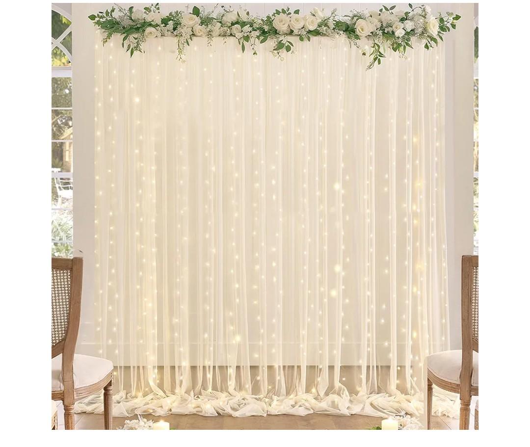 Champagne Tulle Backdrop Curtain with Lights String for Parites Wedding 10x8ft Champagne Sheer Backdrop Curtains for Bridal Shower Baby Shower Birthday Party Photo Booth Background Decorations