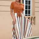 Women's Casual Summer Dress Crewneck Short Sleeve Tie Knot Front Flowy Midi Dress with Pockets for Party & Daily (Brown, L)