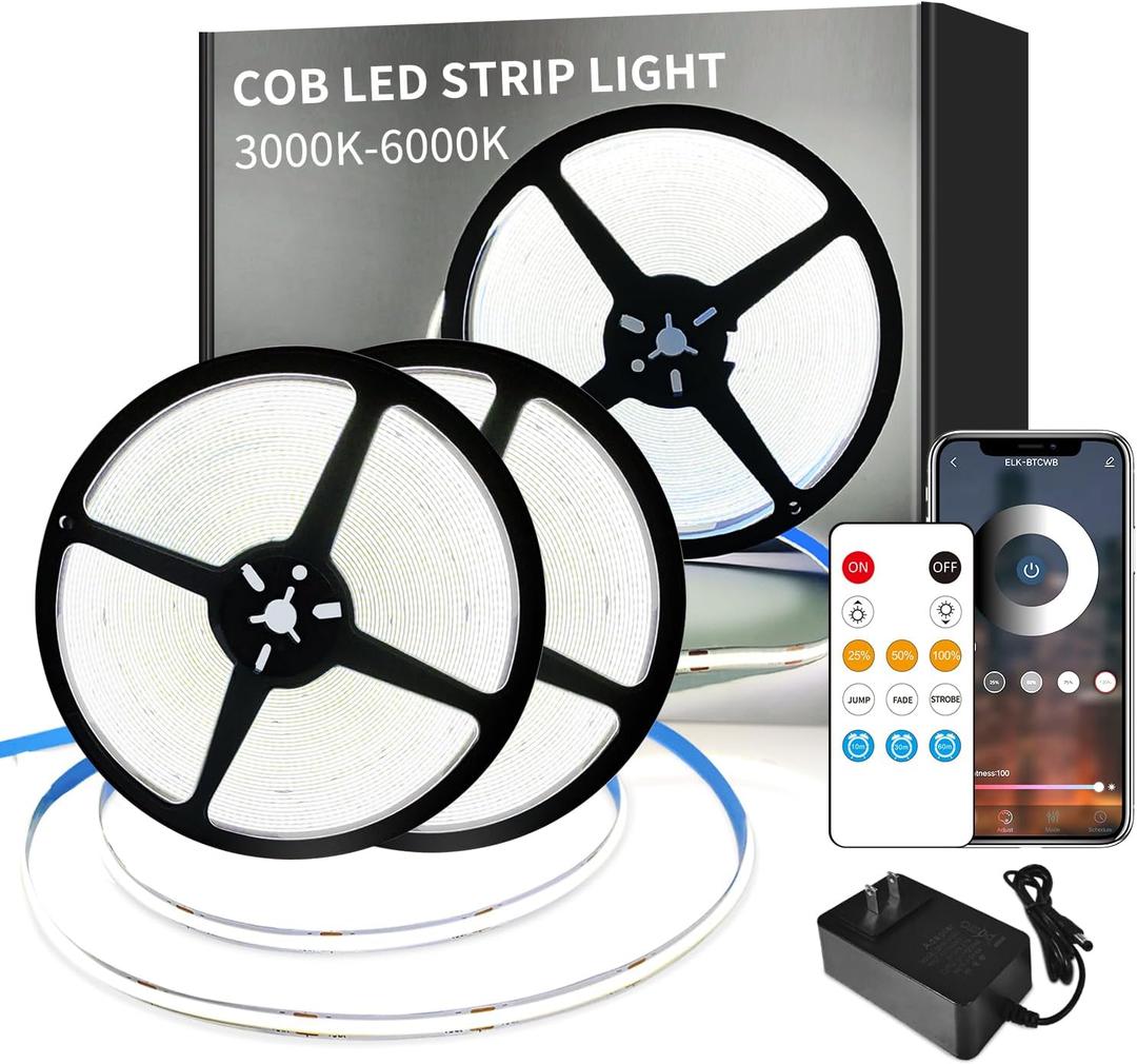 COB LED Strip Lights 100ft,6000K DC 24V Dimmable White Flexible LED Rope Lights for Bedroom,with Remote and app Control LED Lights Strip for Living Room, Shelf, Cabinet