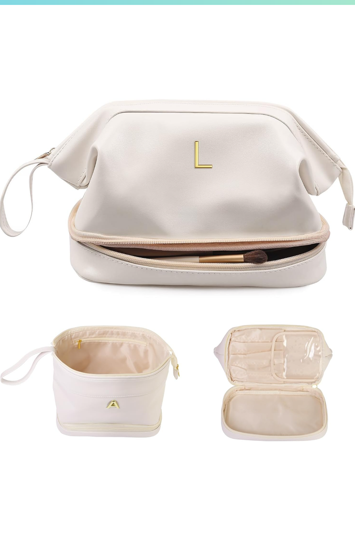 Birthday Gifts for Women, Initial Large Makeup Bag, Gift for Women Personalized Double Layer Cosmetic Bag with Makeup Brush Organizer, Teacher Gift, Travel Toiletry Bag Graduation Gift