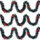 3Pcs x 8.2ft (Total:24.6ft) Christmas Tinsel Garlands with 24 Pcs Red Bows for Indoor and Outdoor Holiday Mardi Gras Xmas and Other Festivities Party Supply (Gray) 