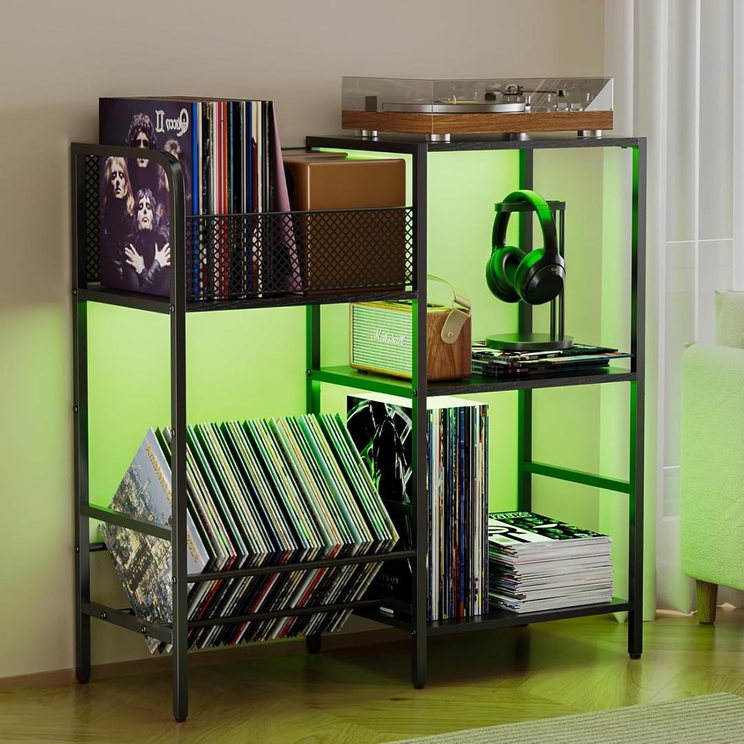 Record Player Stand with LED Light, Turntable Stand with Vinyl Storage for 300+ Albums, 3-Tier Media Cabinet with Adjustable Shelf, Mesh Fences & V-Shaped Holder, for Living Room & Bedroom