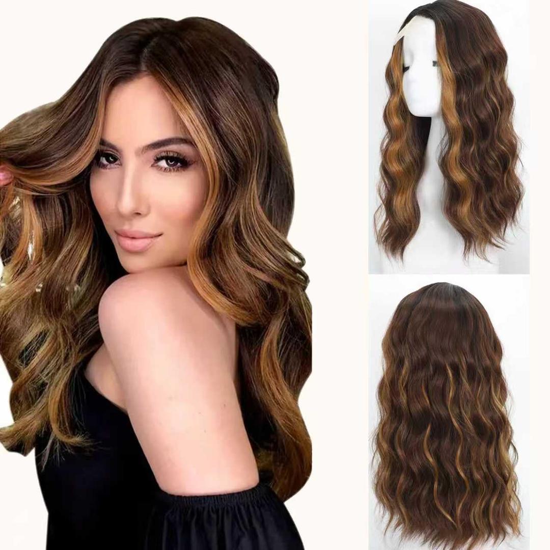 Brown Highlight Wavy Wigs for Women 18 Inch Medium Length Short Wavy Wig Middle Part Synthetic Heat Resistant Natural Looking for Daily Party Halloween Use