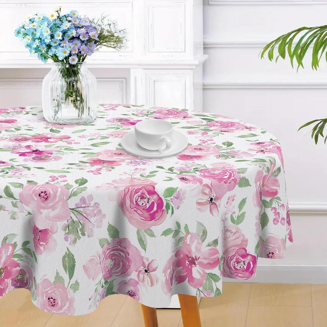 Spring Summer Pink Flower Round Tablecloth 70 x 70 Inches, Rose Peony Floral Decorative Dining Table Cloth, Seasonal Dinner Table Cover Picnic Party Decoration