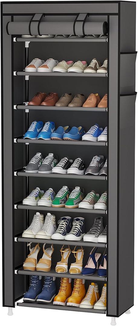 Calmootey 9 Tier Shoe Rack Organizer,Portable Shoe Shelf with Nonwoven Fabric Cover for Closet Hallway,Bedroom,Entryway,Grey