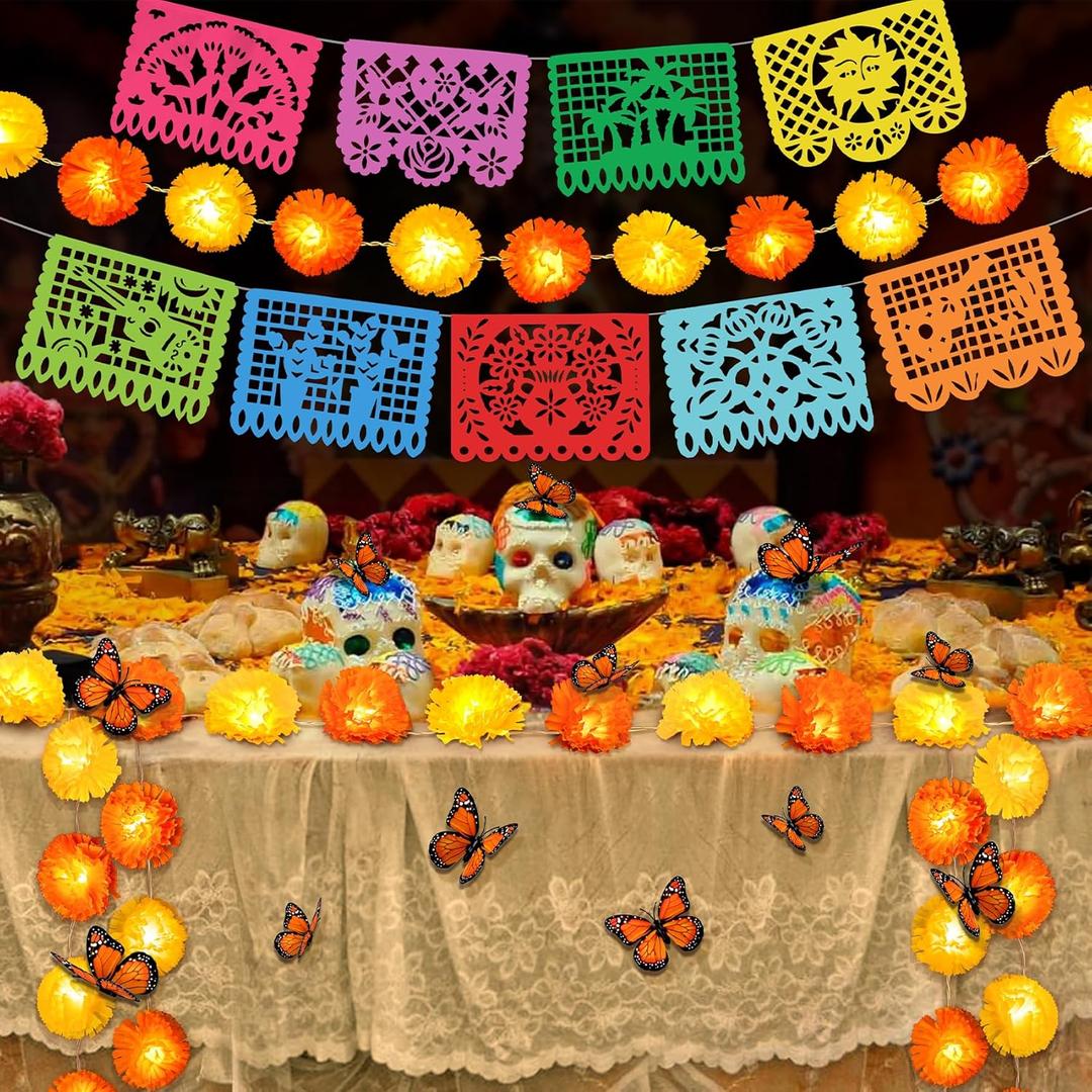 Roberly 2 Pcs Marigold Flowers for Decoration, Total 13 Ft 40 LED Marigold Flowers Light with 1 Mexican Banner 12 Butterfly for Dia De Los Muertos Decorations Indian Home Decor, Mixed