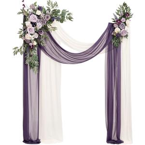 Ling's moment Purple Lilac Artificial Wedding Arch Flowers Kit Pack of 4, 2pcs Hanging Flower Arrangement 2pcs Chiffon Drapes Ceremony Reception Fake Rose Arbor Backdrop Floral Party Outdoor Decor (Prpl-lilac & Gold)