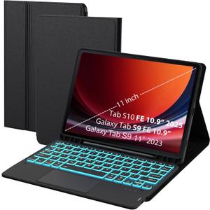 For Samsung Galaxy Tab S9 11 inch/ S9 FE 10.9"/ S10 FE 10.9" Case with Keyboard - 7 Color Backlit Detachable Touchpad Tablet Cover - Tab S10 FE/ S9 11"/S9 FE 2023 Keyboard Case with S Pen Holder Black