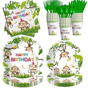 HIPVVILD Monkey Birthday Decorations Tableware, Wild Jungle Animal Monkey Theme Party Supplies for Birthday Baby Shower, Paper Plate, Cup, Napkin, Cutlery, Serves 24