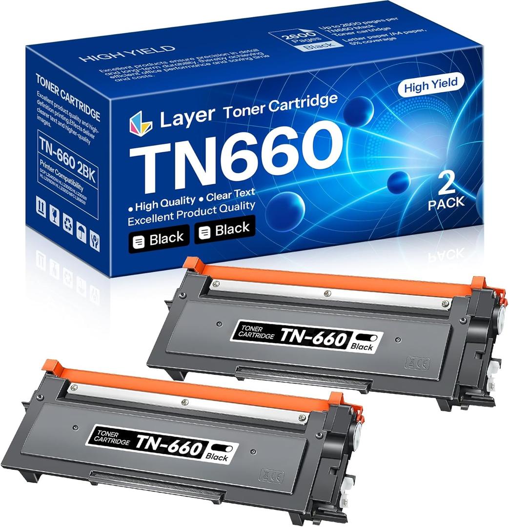 TN-660 TN660 High Yield Toner Cartridge Compatible TN 660 TN 660 Black Toner Replacement for Brother TN660 DCP-L2540DW HL-L2300D HL-L2320D MFC-L2700DW MFC-L2740DW HL-L2380DW Printer (2 Pack)