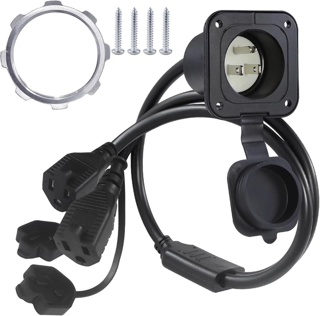 KUNCAN 15A AC Port Plug - 125V Power Inlet Socket with Dual 18 Inch Extension Cord, NEMA 5-15 Plug Flanged Inlet with Waterproof Cover Outdoor Extension Cable, Shore Power Outlet for RV Boat Trailer