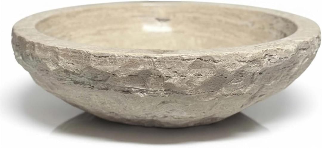 Round Bowl Travertine Vessel Sink, Natural Stone Wash Basin, Hand-Carved Bathroom Sink, Chiseled Exterior, Polished Interior, Above Counter Vanity (Soap Tray Included), 16 × 16 × 5.5 inches