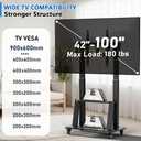 Mobile TV Cart Rolling TV Stand for 42 to 55 65 70 75 85 86 90 100 inch Television Heavy Duty Portable TV Stand on Wheels, Height Adjustment, Holds Up to 180 LBS, Vesa 200200-900600mm