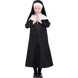 Girls Nun Costume Nun Cosplay Dress Halloween Horror Movies Catholic Sister Costumes Halloween Outfit for Kids (M/130, Black)