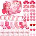 48 Pcs Galentine's Day Gifts Valentine's Pink Gift for Women Include Fluffy Socks Compact Mirrors Makeup Bags Headbands Scrunchies Greeting Cards Heart Keychains Bracelet for Party Supply