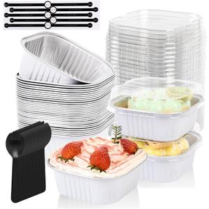 100 Pcs Mini Cake Pans with Lids, 5oz Square Aluminum Foil Brownie Baking Cups, Dessert Cupcake Cups with lids, Disposable Loaf Pans Cupcake for Wedding Birthday Party (White)